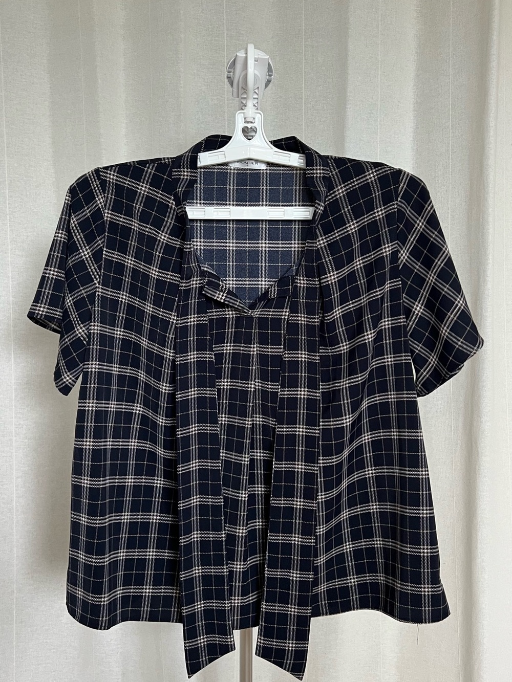 Navy Plaid Short-Sleeve Tie-Neck Blouse